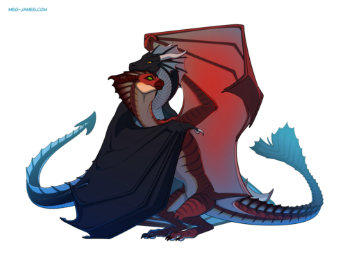 Fullbody drawing of two wyverns, Khyaber and Morghus, sharing an embrace.
