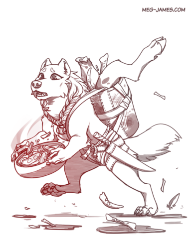 Clean sketch of Roadh, a bargh cook. She runs frantically, carrying a pan of cooked meat in her hands, and a collection of uncooked animal limbs, chunks, and bones in a basket on her back.