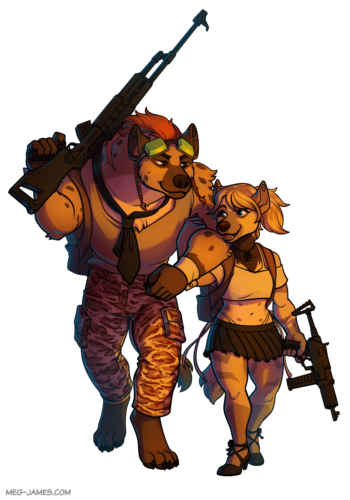 Fullbody illustration of Anton, an anthro spotted hyena, and Sapphire, an anthro striped hyena. Both are dressed up for a date, walking arm-in-arm, and holding guns.