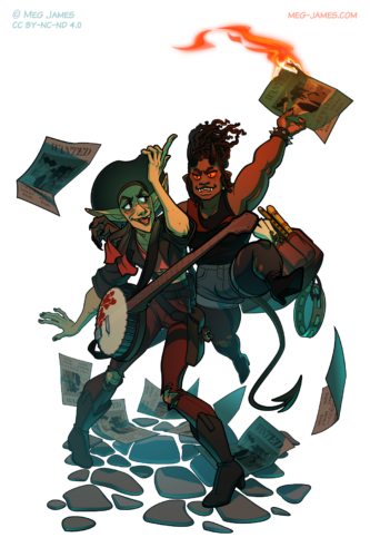Drawing of two characters: Kinsley, an elf carrying a banjo and wearing a cowboy hat; Ahura, a demon carrying a bag and waving around a 'wanted' poster that's on fire. Ahura is jumping up behind Kinsley, with his free arm over her shoulder. Both are surrounded by several more wanted posters scattering in the breeze.