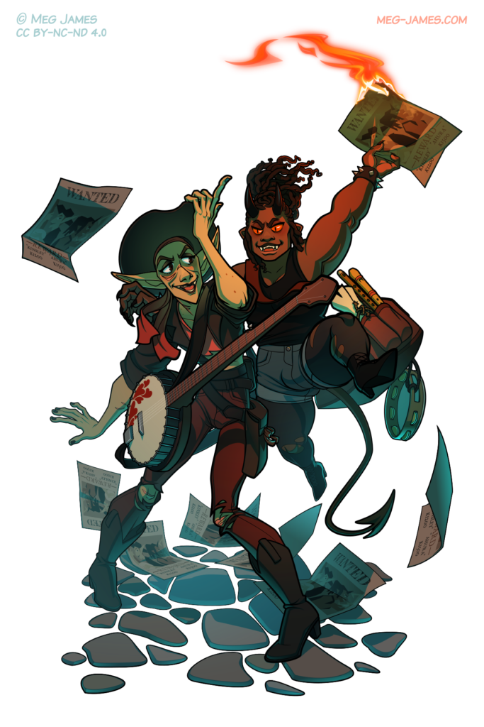 Drawing of two characters: Kinsley, an elf carrying a banjo and wearing a cowboy hat; Ahura, a demon carrying a bag and waving around a 'wanted' poster that's on fire. Ahura is jumping up behind Kinsley, with his free arm over her shoulder. Both are surrounded by several more wanted posters scattering in the breeze.