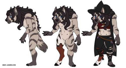 Drawings of Yasmin, an anthro striped hyena (with a goatlike right leg). She is shown without clothes from the side and from the front, as well as a front view wearing one of her usual outfits.