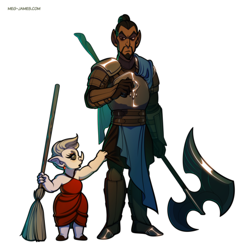 Fullbody drawing of a well-dressed goblin, Gosling, and an armor-clad elf, Endoril. Gosling is holding a broom and tugging on Endoril's tunic, as if asking him to sweep the floor for her.