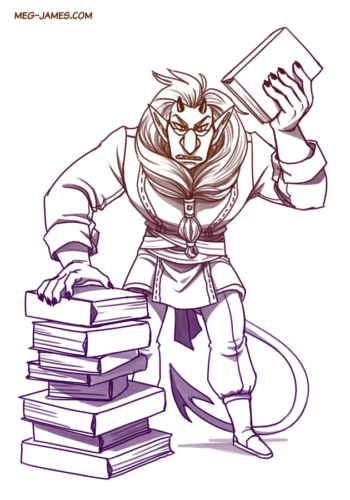 Clean sketch of Corbirand, a well-dressed demon, standing next to a stack of books and waving around another book angrily.