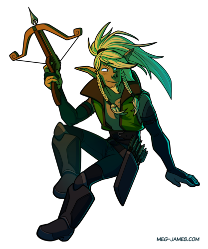 Fullbody drawing of Cadyrn Greenleaves, an elf highwayman lounging and holding a small crossbow.
