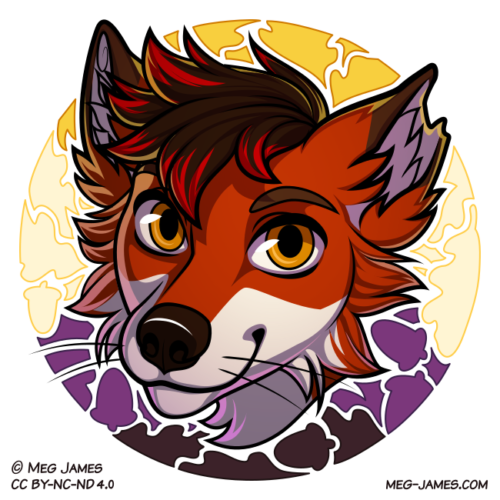Icon of River, an anthro fox, framed in a decorative circle colored like the nonbinary flag, patterned to look like oak leaves and acorns.