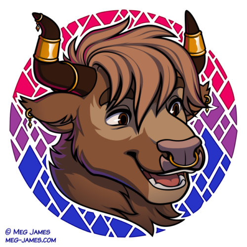 Icon of Adamas, an anthro yak, framed in a decorative circle colored like the bisexual flag, with a diamond pattern.