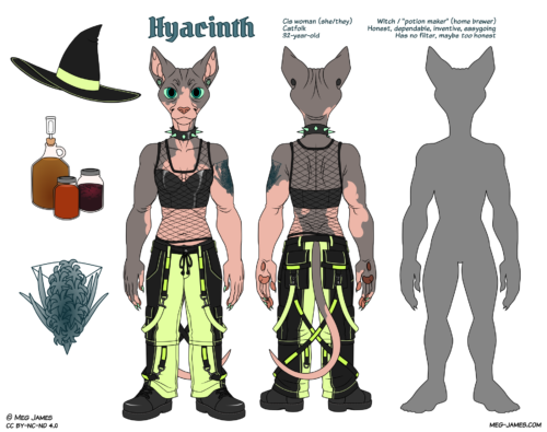 Reference image of Hyacinth. Cis woman (she/they); Catfolk; 32-year-old. Witch / 