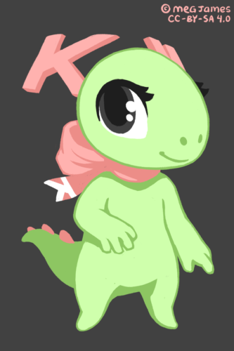 Flat-shaded drawing of Katie the KDE mascot, a cartoony pale green dragon with pink, K-shaped antlers. She has a pink bow tied around her neck with a K design on the end of the ribbon.