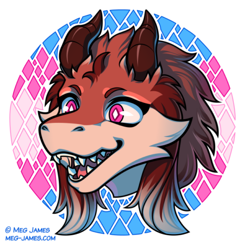 Icon of Lyra, an anthro dragon, framed in a decorative circle colored like the transgender flag, with a diamond pattern.