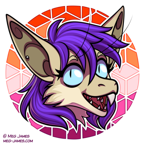 Icon of Myno, a yinglet, framed in a decorative circle colored like the lesbian flag, with a geometric pattern.