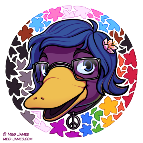 Icon of Selindae, an anthro platypus, framed in a decorative circle colored like a combination of the progress Pride flag and the asexual flag, with a floral pattern.