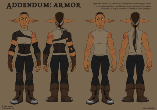 Addendum to Sparrow's reference image. The addendum includes the a front and back view of the character without her coat and hat, as well as a front and back view of the character without her coat, hat, and armor. 