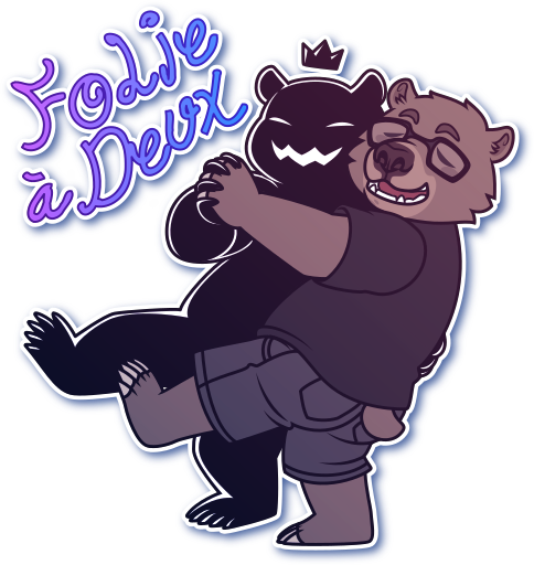 Telegram sticker of two anthro bears, Nutmeg and Kingbear, waltzing together under the text "Folie a deux."