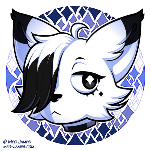 Icon of a vaguely feline anthro character framed in a decorative circle colored like the amasculine (masc agender) flag, with a four-pointed star pattern.