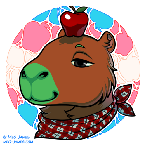 Icon of Carlata, an anthro capybara, framed in a decorative circle colored like the transgender flag, with an apple pattern.