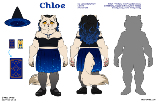 Reference image of Chloe. Cis woman (she/her); Catfolk; 24-year-old. Witch / 