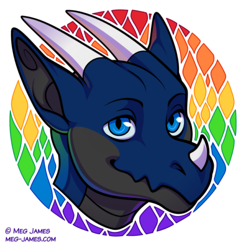 Icon of Maikas, an anthro dragon, framed in a decorative circle colored like the rainbow Pride flag, with a rounded diamond pattern.
