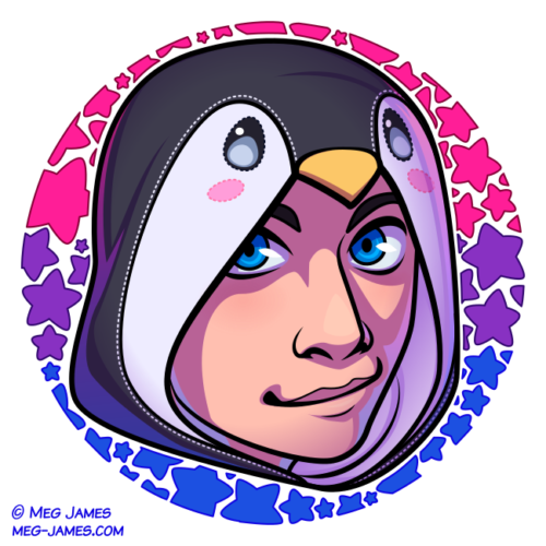 Icon of a human character in a penguin hood, framed in a decorative circle colored like the bisexual flag, with a starry pattern.