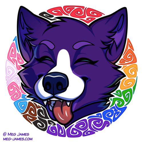 Icon of Nad, an anthro dog, framed in a decorative circle colored like the Progress Pride flag, with a swirly pattern.