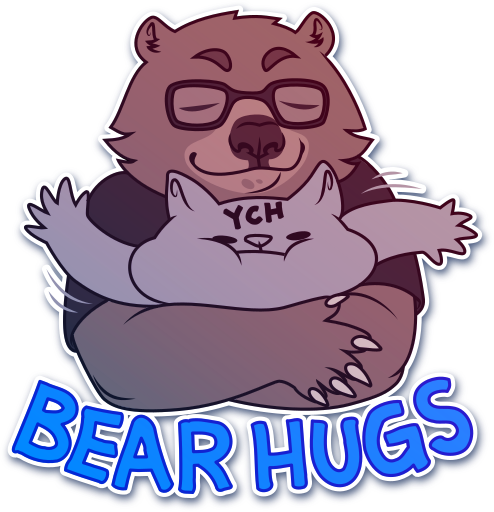 Telegram sticker of Nutmeg, an anthro bear, bear-hugging a generic character very tightly, with the text "BEAR HUGS."