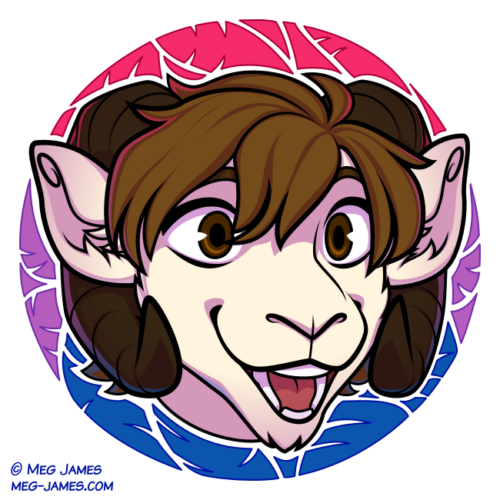 Icon of Srol, an anthro goat, framed in a decorative circle colored like the bisexual flag, with a palm leaf pattern.