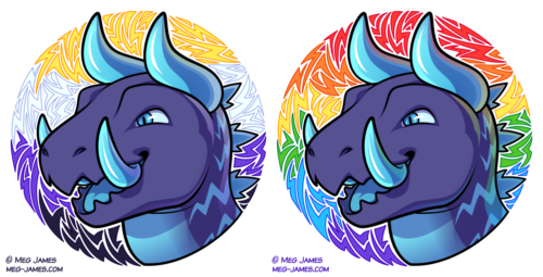 Two icons of Thundersnap, a kaiju, framed in a decorative circle with a lightning bolt pattern. One is colored like the nonbinary flag, and the other is colored like the rainbow Pride flag.