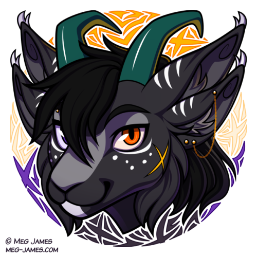 Icon of Zelic, an anthro hybrid of some sort, framed in a decorative circle colored like the nonbinary flag, with a geometric stripe pattern.