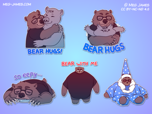 Five telegram stickers of Nutmeg, an anthro bear: giving a generic bear a bear hug, giving a crushing bear hug to a generic character, lying on the floor looking drowsy with the text 