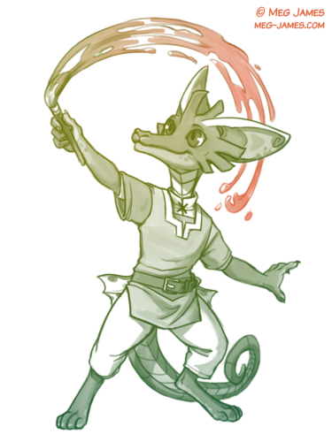 Clean sketch of Frater, a lizardfolk, swishing a paintbrush through the air and leaving a streak of paint behind. The sketch is toned in green and reddish-orange.