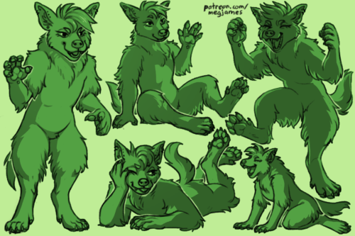 Sketch page featuring multiple sketches of Artie, an anthro brown hyena, in multiple poses and angles. The sketches are loosely shaded and toned in green.