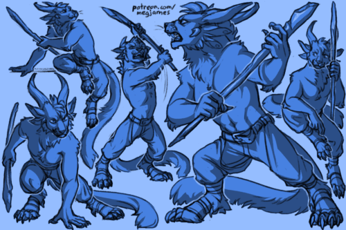 Sketch page featuring multiple sketches of Drap, a charr, in multiple poses and angles. The sketches are loosely shaded and toned in light blue.