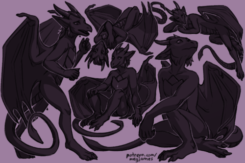 Sketch page featuring multiple sketches of Kyreeth, an anthro dragon, in multiple poses and angles. The sketches are loosely shaded and toned in gray-purple.