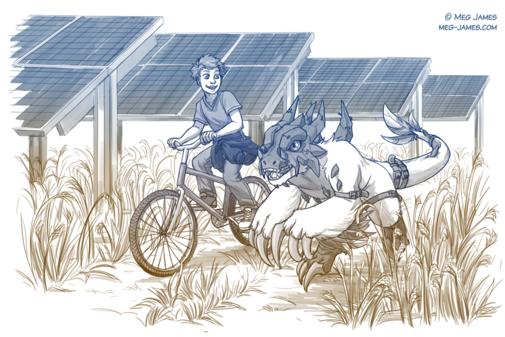 Clean sketch of Diethmar "Tim" Jahnig, a human, and his raptor-like digimon companion, Velodipsodomon, engaging in a race through a wheat field. Tim is riding a bicycle, while Velodipsodomon is racing on foot. In the background are several agrivoltaic solar panels.