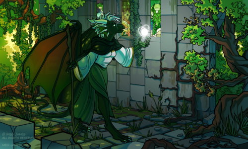 Illustration of Zeta Syanthis, an anthro dragon, exploring part of a long-abandoned temple. She casts a light spell in her left hand, illuminating nearby stained glass windows. In her right hand, she holds a long staff like a walking stick. The stone walls and floor around her have been overtaken by trees and other vegetation.
