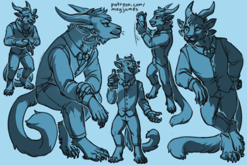 Sketch page featuring multiple sketches of Drap, a charr, in multiple poses and angles. The sketches are loosely shaded and toned in blue.