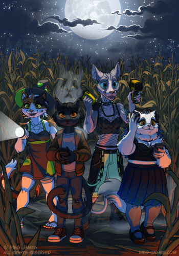 Illustration of four anthro cats in a corn maze. The calico cat on the left is holding a flashlight, the sphynx cat center-right looks at a thermal imaging camera, and the persian cat on the right listens to headphones plugged into a 