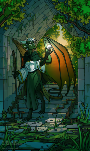 Illustration of Zeta Syanthis, an anthro dragon, exploring part of an overgrown temple. She casts a light spell in her left hand, illuminating the passageway. In her right hand, she holds a long staff like a walking stick. The stone walls and floor around her have been overtaken by trees and other vegetation, and golden hour light shines through the entrance behind her.