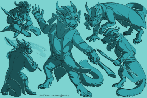 Sketch page featuring multiple sketches of Drap, a charr, in multiple poses and angles. The sketches are loosely shaded and toned in blue.