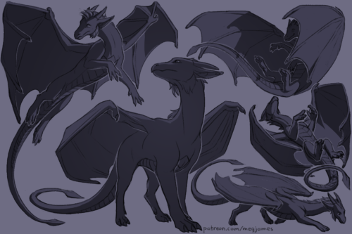 Sketch page featuring multiple sketches of Kyreeth, a western dragon, in multiple poses and angles. The sketches are loosely shaded and toned in blue-gray.