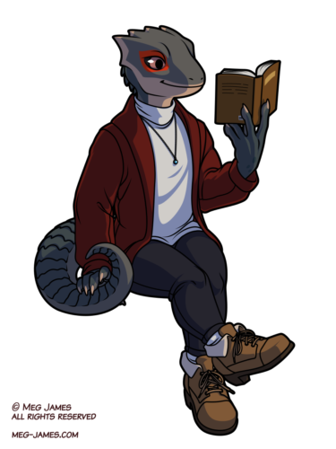 Simple full body drawing of Lozi, an anthro crocodile skink, sitting and reading a book while absentmindedly playing with their tail.