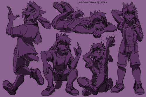 Sketch page featuring multiple sketches of Coast, an anthro goat, in multiple poses and angles. The sketches are loosely shaded and toned in purple.