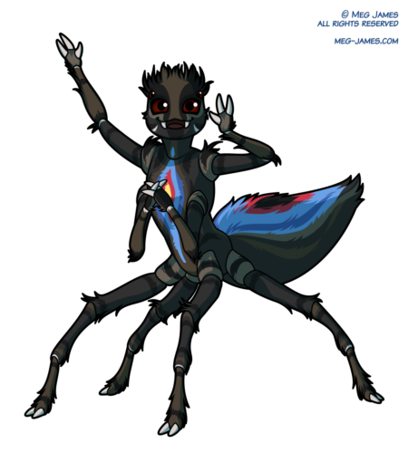 Simple full body drawing of Serandite, a young (child-age) anthro/taur-like jumping spider with dark coloration and bright blue and red markings. They are cheering and waving.