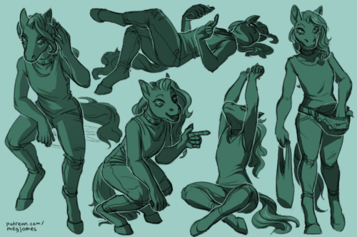 Sketch page featuring multiple sketches of Josie, an anthro horse, in multiple poses and angles. The sketches are loosely shaded and toned in blue-green.