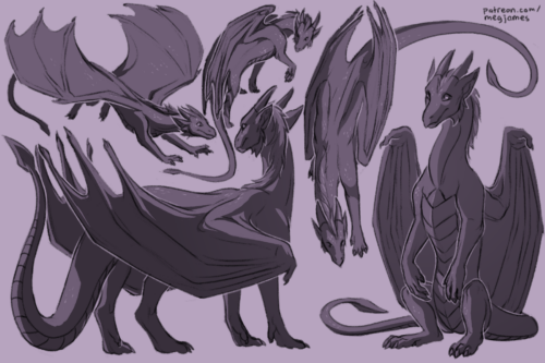 Sketch page featuring multiple sketches of Kyreeth, a western dragon, in multiple poses and angles. The sketches are loosely shaded and toned in purple-gray.