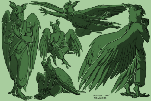 Sketch page featuring multiple sketches of Lanarik, an anthro budgie with curved horns, in multiple poses and angles. The sketches are loosely shaded and toned in green.