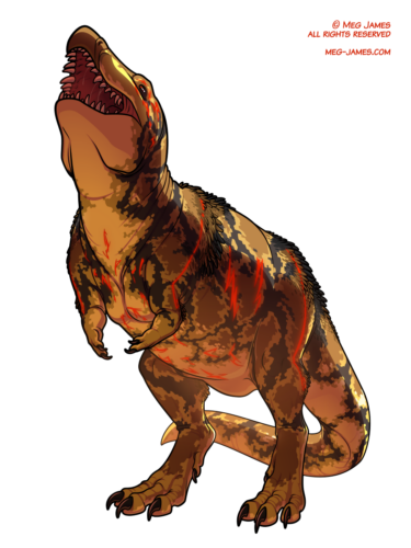 Fully colored full body drawing of Loss And Rage, a theropod spirit shaped somewhat like a T rex (with some modern bird features) and with complex markings similar to a reticulated python. They are rearing their head and crying out to the heavens in anguish.