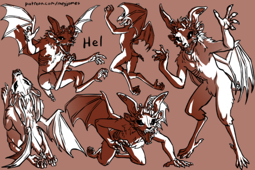 Sketch page featuring multiple sketches of Hel, a bony anthropomorphic monster, in multiple poses and angles. The sketches are loosely shaded and toned in red.