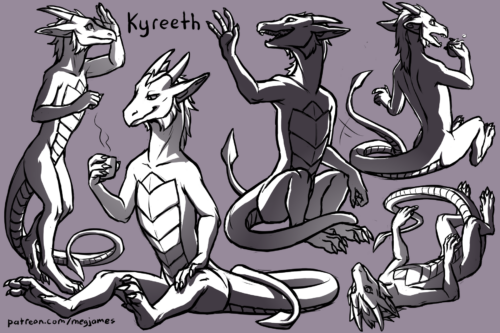 Sketch page featuring multiple sketches of Kyreeth, an anthro dragon, in multiple poses and angles. The sketches are loosely shaded and toned in purple-gray.