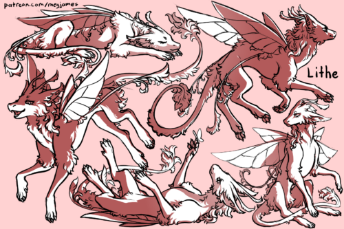 Sketch page featuring multiple sketches of Lithe, a fairy dragon, in multiple poses and angles. The sketches are loosely shaded and toned in pink.